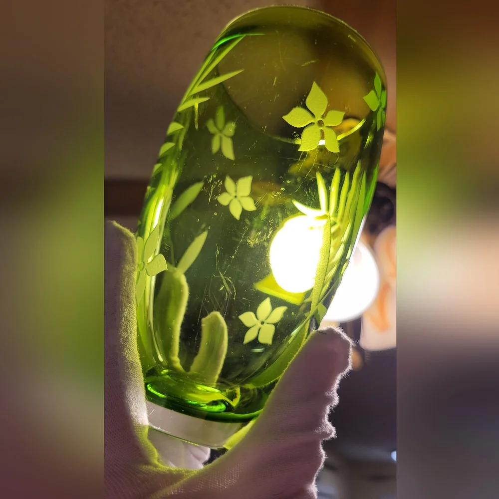 Crate & Barrel Lime Green Etched Vases Glasses Tumblers Hand Blown